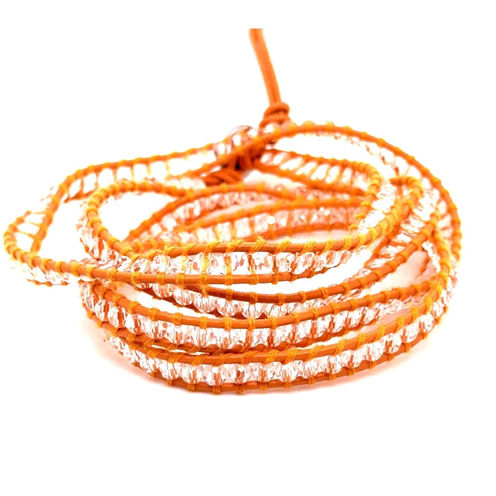 Victoria Emerson 34 Inch Orange Leather Clear Crystal Beaded Wrap Bracelet
